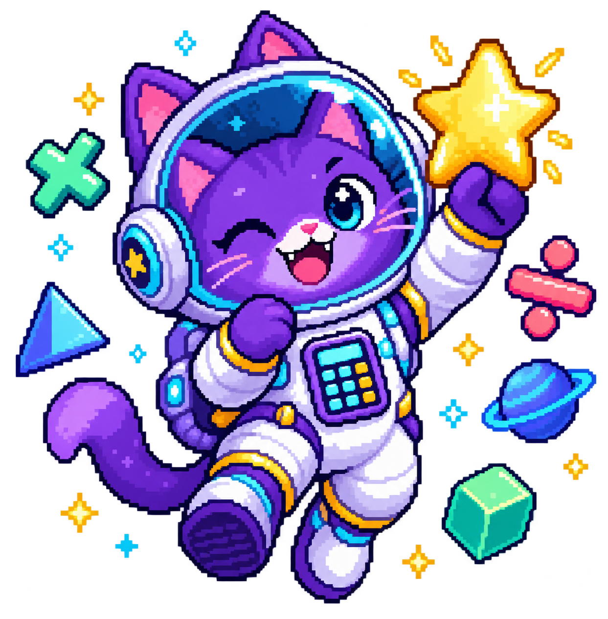 Pixel-art astronaut cat holding a star